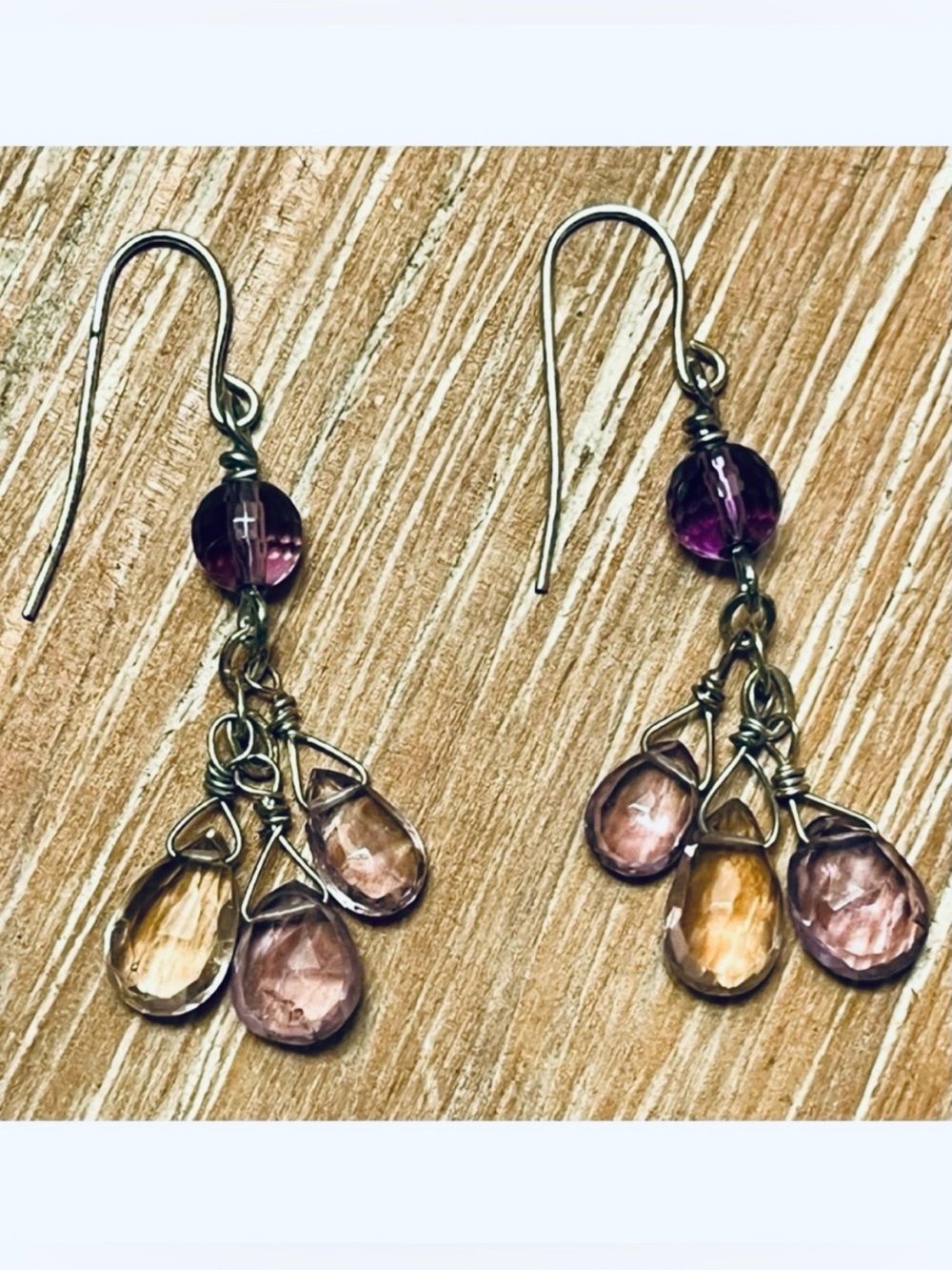 NEW Silver Wire Wrapped Amethyst Citrine Gemstone Cluster Drop Earrings